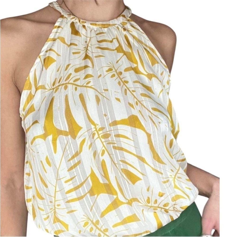 Joie Palm Leaf Print Smocked Waist Yellow and White Halter Top Blouse